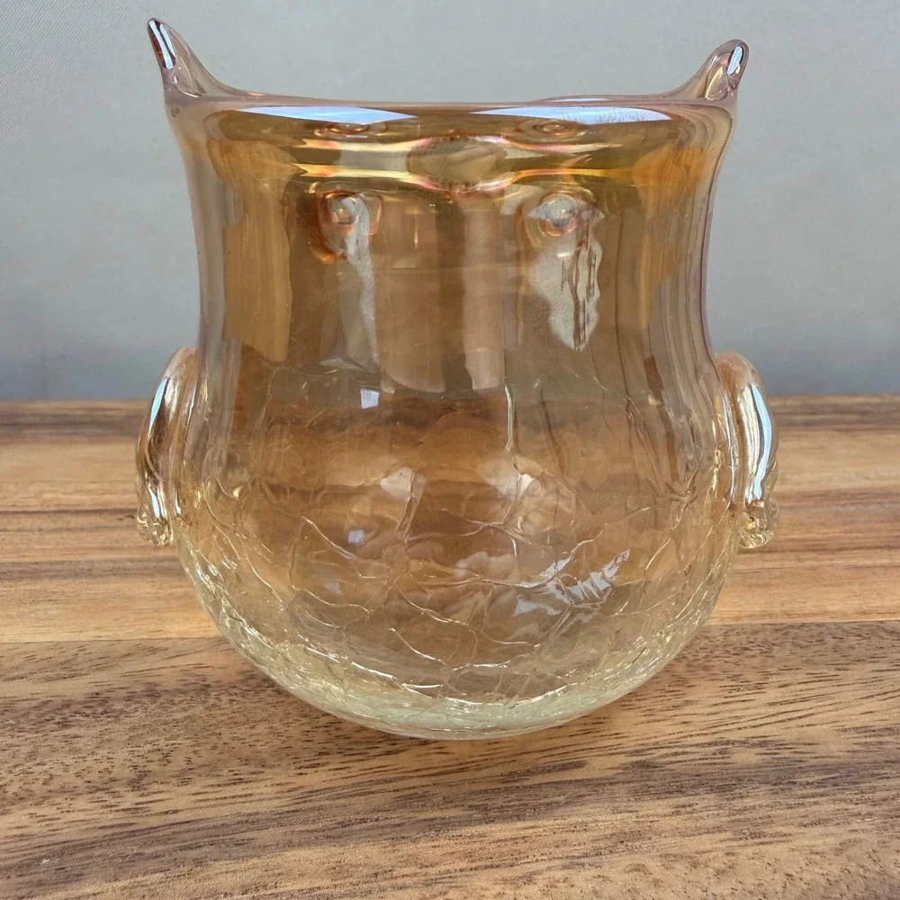 Vintage‎ Amber Crackle Glass Owl Votive Holder Yellow Iridescent Bird 4 inch